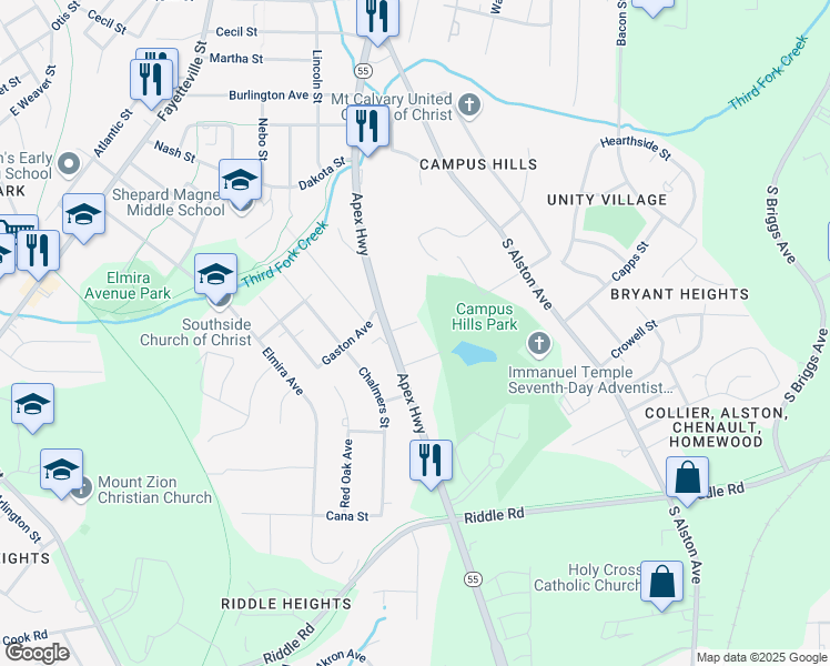 map of restaurants, bars, coffee shops, grocery stores, and more near 1106 Magnolia Drive in Durham