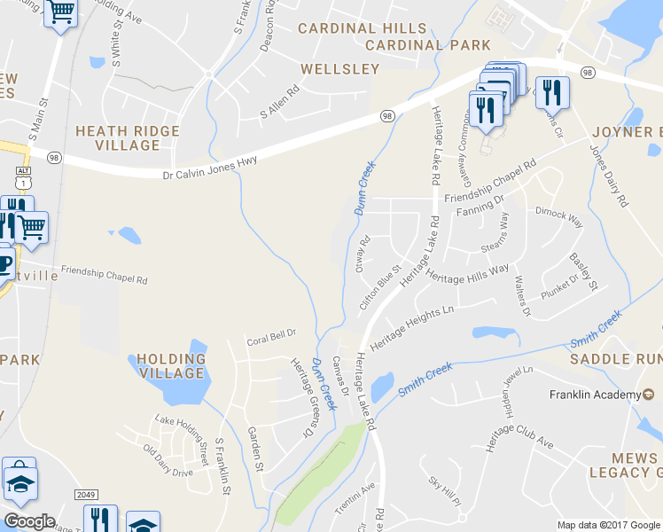 map of restaurants, bars, coffee shops, grocery stores, and more near Dunn Creek Greenway in Wake Forest
