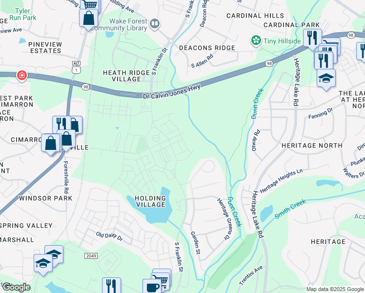 map of restaurants, bars, coffee shops, grocery stores, and more near 1220 Remey Avenue in Wake Forest