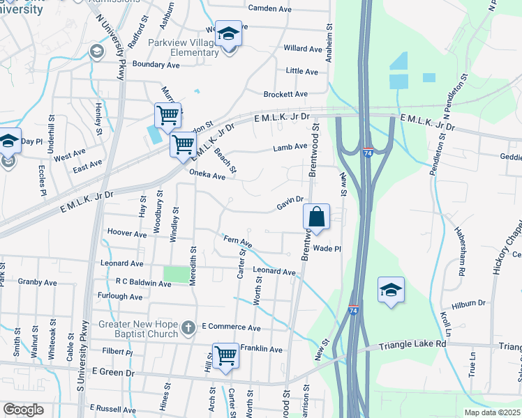 map of restaurants, bars, coffee shops, grocery stores, and more near 1717 Gavin Drive in High Point