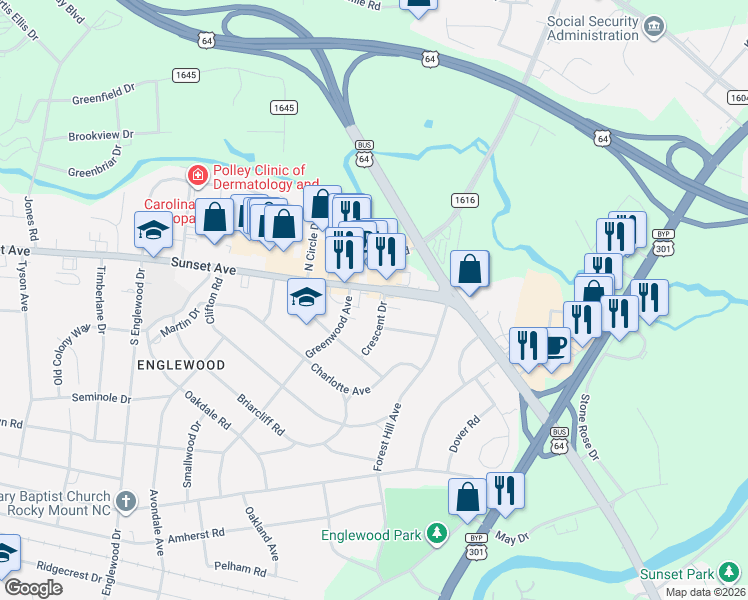 map of restaurants, bars, coffee shops, grocery stores, and more near 2714 Sunset Avenue in Rocky Mount
