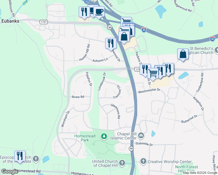 map of restaurants, bars, coffee shops, grocery stores, and more near 103 Lonebrook Drive in Chapel Hill