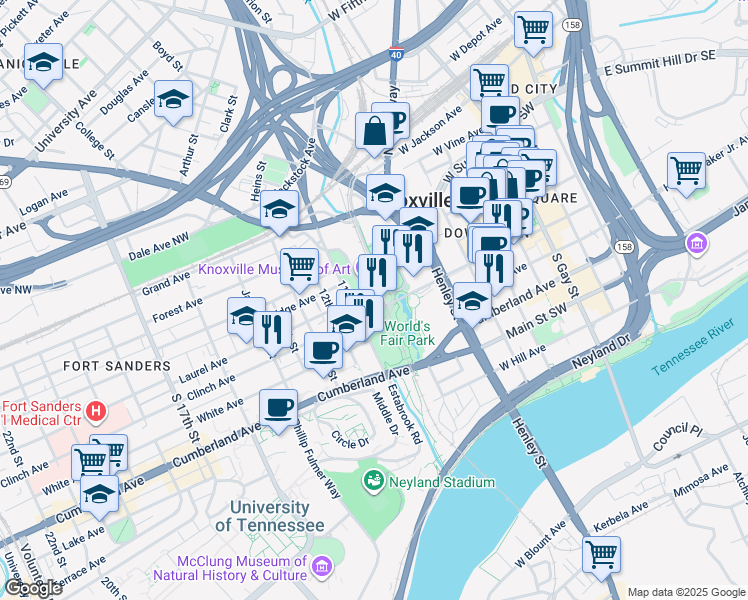 map of restaurants, bars, coffee shops, grocery stores, and more near 910 Worlds Fair Park Drive in Knoxville