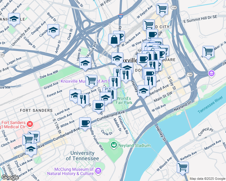 map of restaurants, bars, coffee shops, grocery stores, and more near 910 Worlds Fair Park Drive in Knoxville