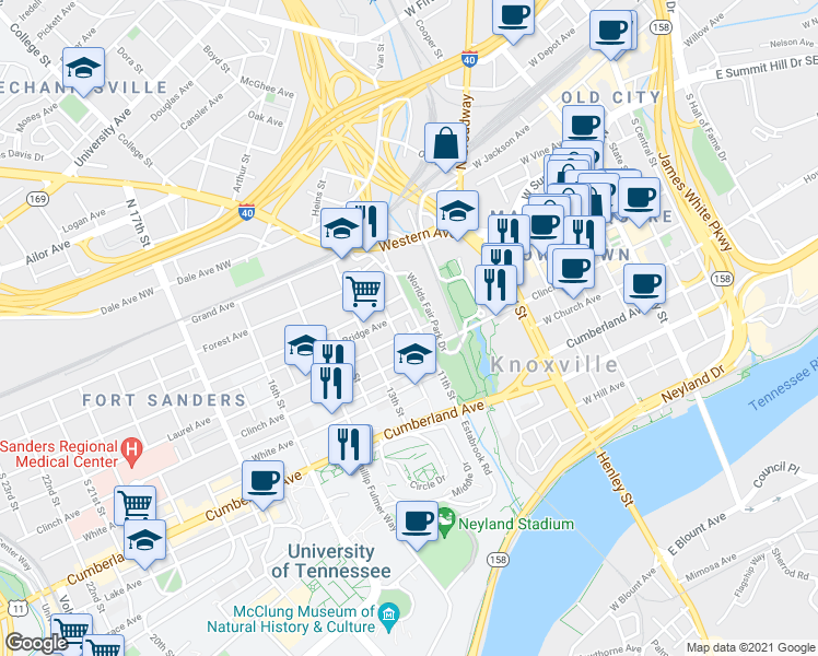 map of restaurants, bars, coffee shops, grocery stores, and more near 1105 Bridge Avenue in Knoxville
