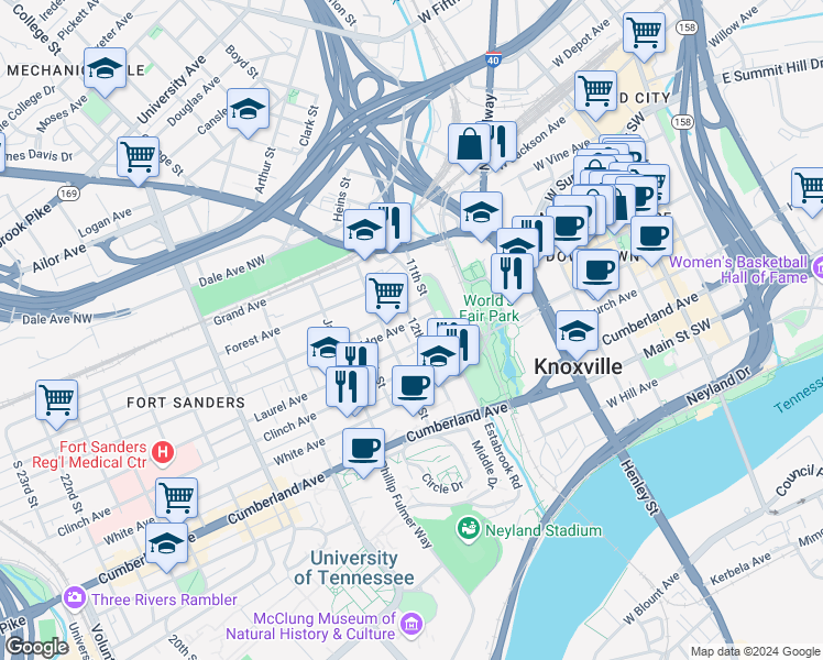 map of restaurants, bars, coffee shops, grocery stores, and more near 1105 Bridge Avenue in Knoxville