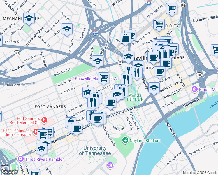 map of restaurants, bars, coffee shops, grocery stores, and more near in Knoxville