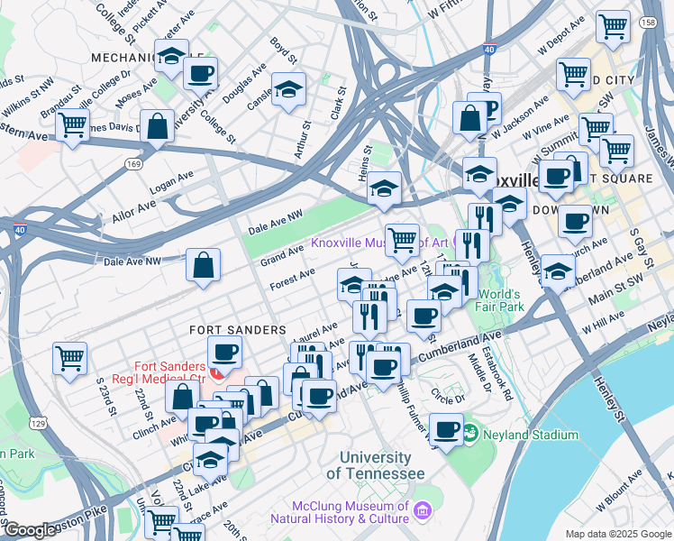 map of restaurants, bars, coffee shops, grocery stores, and more near 1516 Forest Avenue in Knoxville