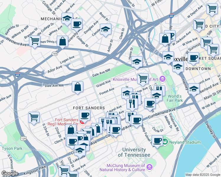map of restaurants, bars, coffee shops, grocery stores, and more near 100 Grand Avenue in Knoxville