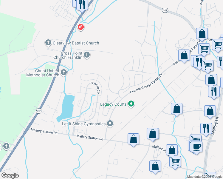 map of restaurants, bars, coffee shops, grocery stores, and more near 1821 Brentwood Point in Franklin