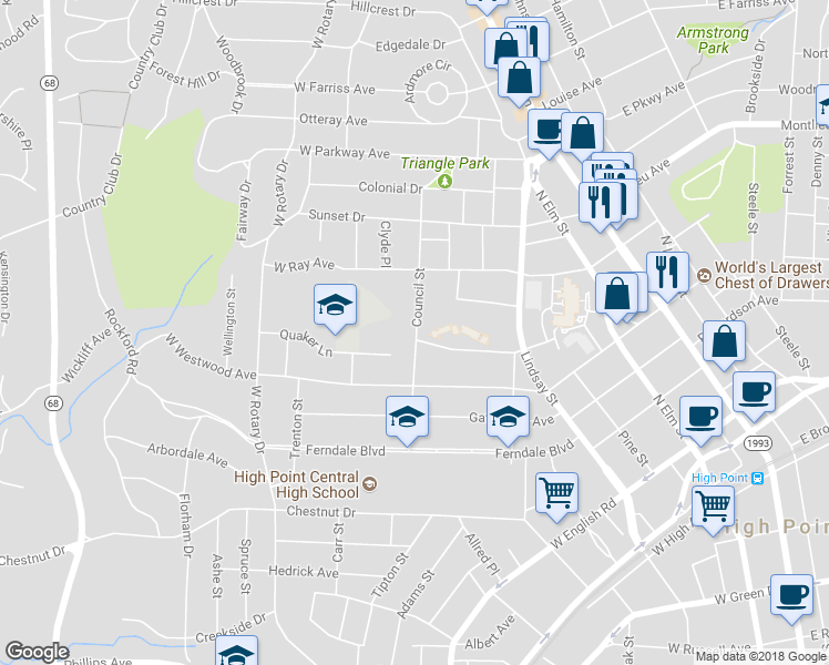 map of restaurants, bars, coffee shops, grocery stores, and more near 953a Council Street in High Point