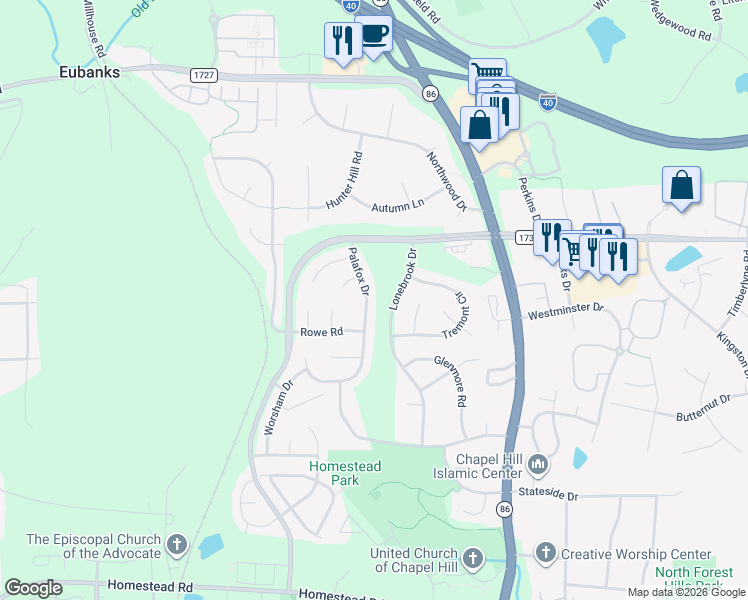 map of restaurants, bars, coffee shops, grocery stores, and more near 301 Palafox Drive in Chapel Hill