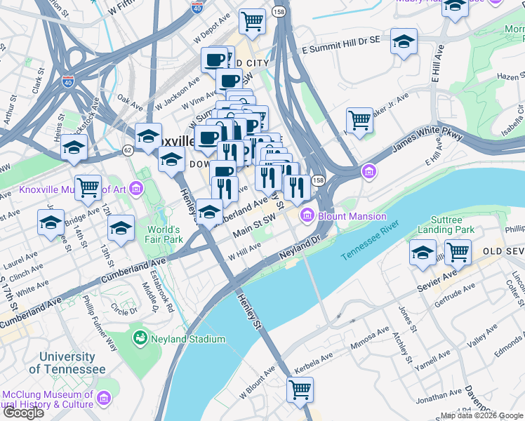 map of restaurants, bars, coffee shops, grocery stores, and more near 800 Market Street in Knoxville