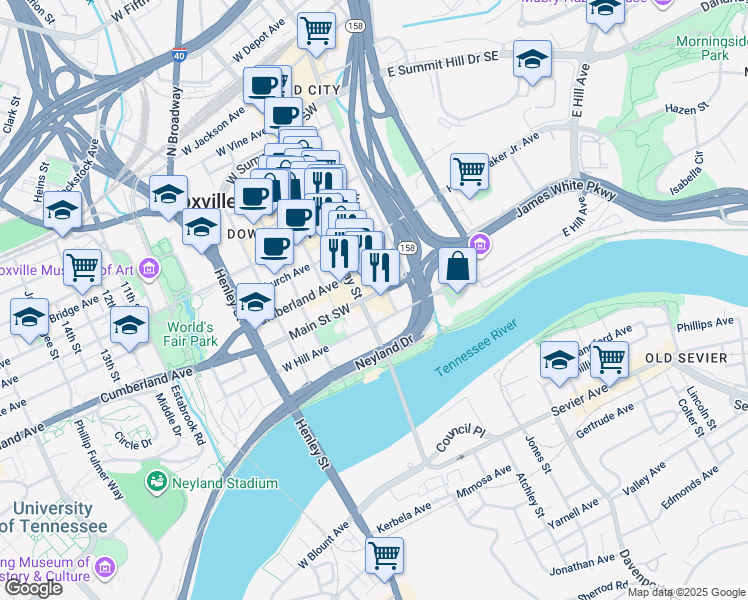 map of restaurants, bars, coffee shops, grocery stores, and more near 900 South Gay Street in Knoxville