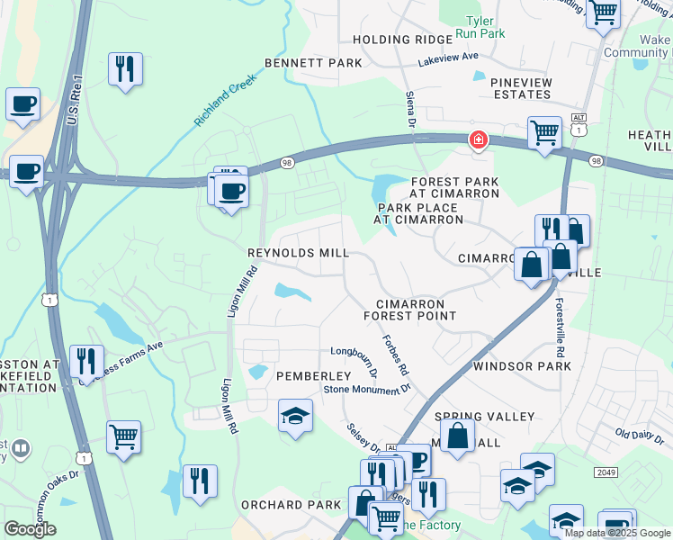 map of restaurants, bars, coffee shops, grocery stores, and more near 301 Forbes Road in Wake Forest