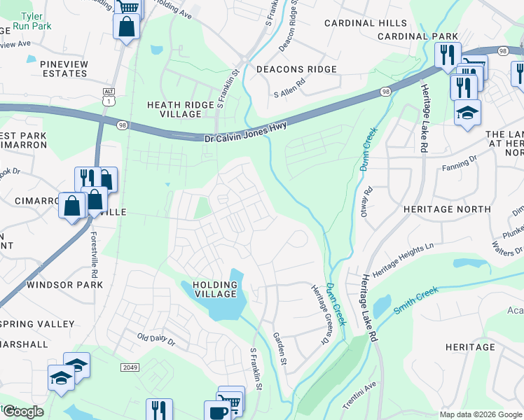 map of restaurants, bars, coffee shops, grocery stores, and more near 1220 Remey Avenue in Wake Forest