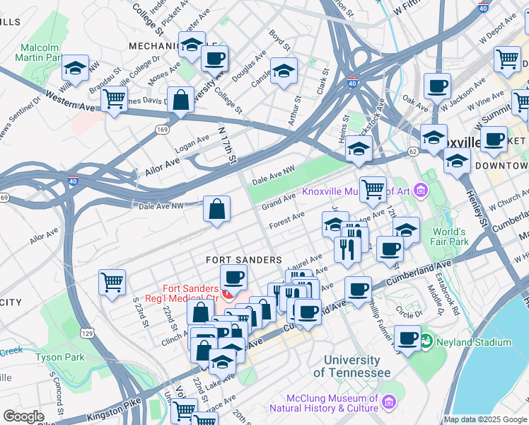 map of restaurants, bars, coffee shops, grocery stores, and more near 1640 Grand Avenue in Knoxville