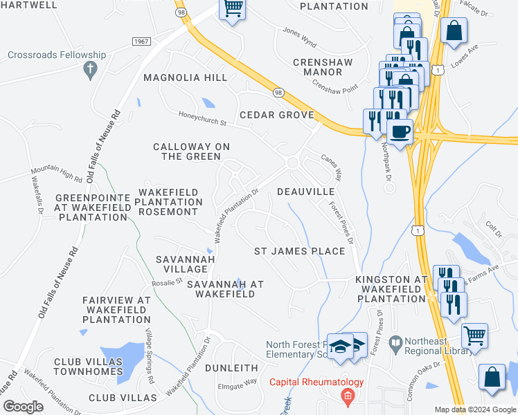 map of restaurants, bars, coffee shops, grocery stores, and more near 12200 Ashton Woods Lane in Raleigh