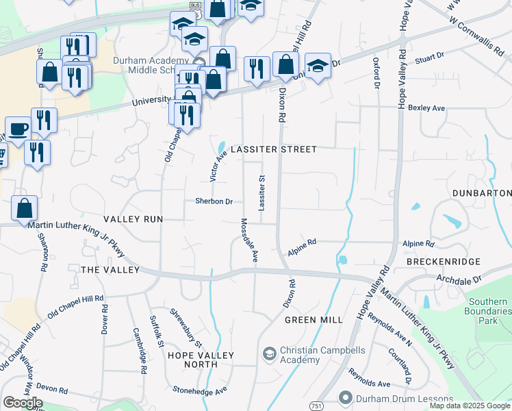 map of restaurants, bars, coffee shops, grocery stores, and more near 3330 Lassiter Street in Durham