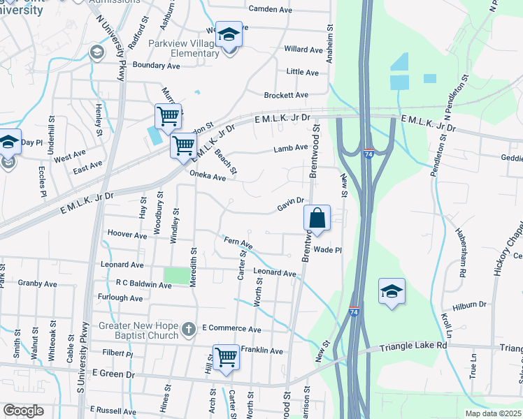 map of restaurants, bars, coffee shops, grocery stores, and more near 1717 Gavin Drive in High Point