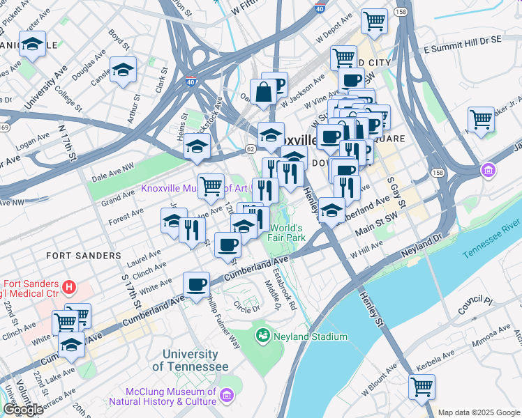 map of restaurants, bars, coffee shops, grocery stores, and more near 910 Worlds Fair Park Drive in Knoxville