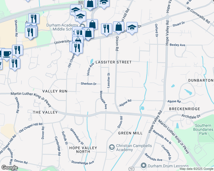 map of restaurants, bars, coffee shops, grocery stores, and more near 3330 Lassiter Street in Durham