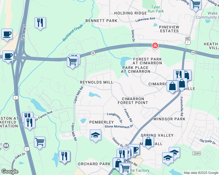 map of restaurants, bars, coffee shops, grocery stores, and more near 301 Forbes Road in Wake Forest