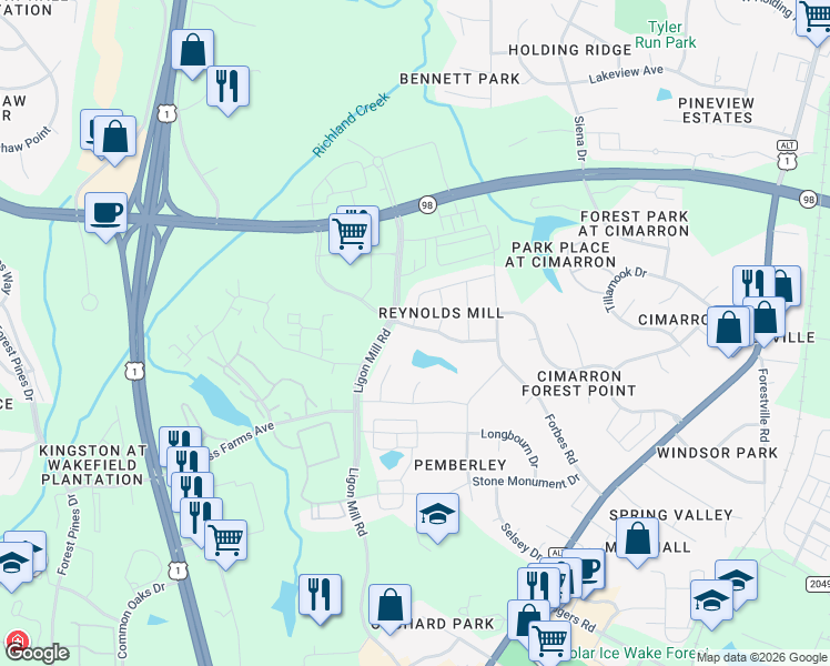 map of restaurants, bars, coffee shops, grocery stores, and more near 313 Headrace Mill Street in Wake Forest