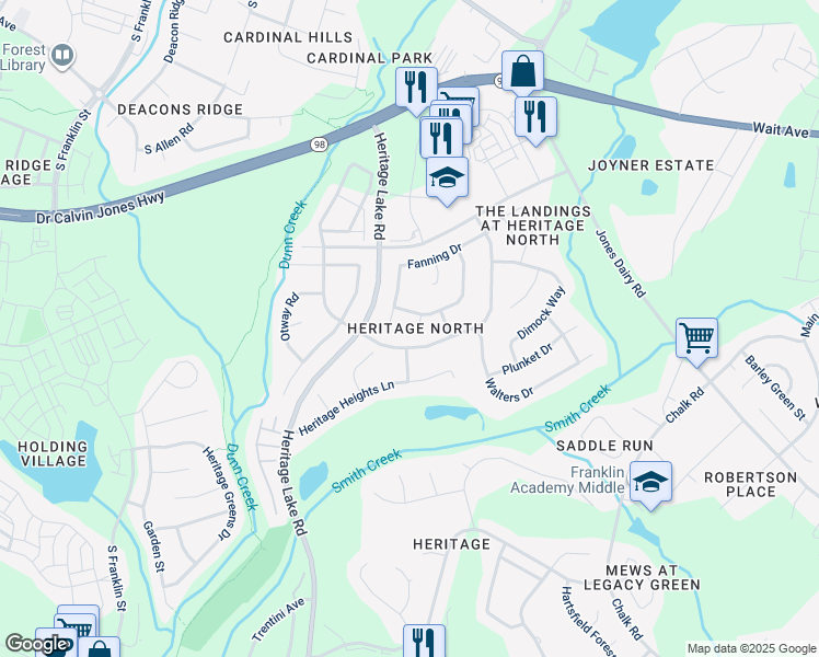 map of restaurants, bars, coffee shops, grocery stores, and more near 404 Longmire Point in Wake Forest