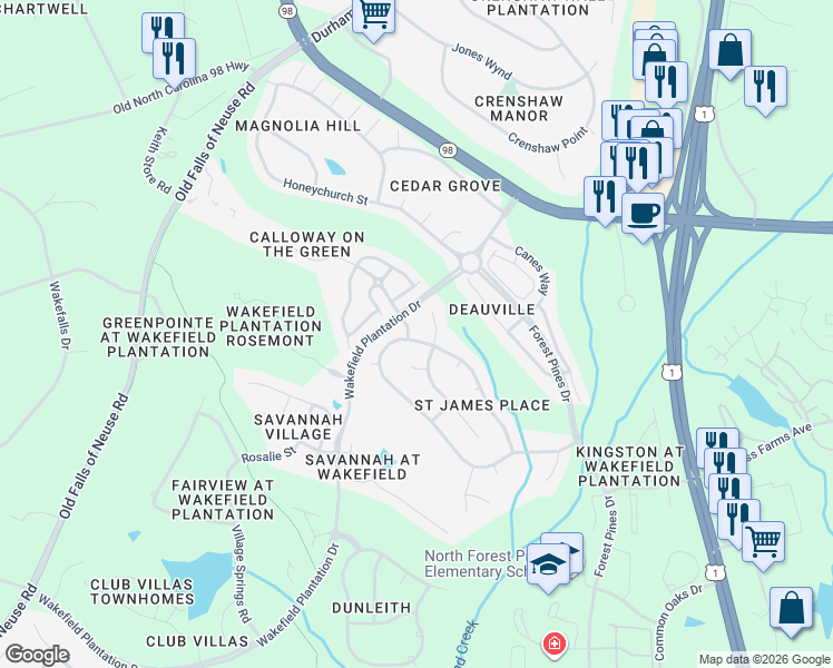 map of restaurants, bars, coffee shops, grocery stores, and more near 12200 Ashton Woods Lane in Raleigh