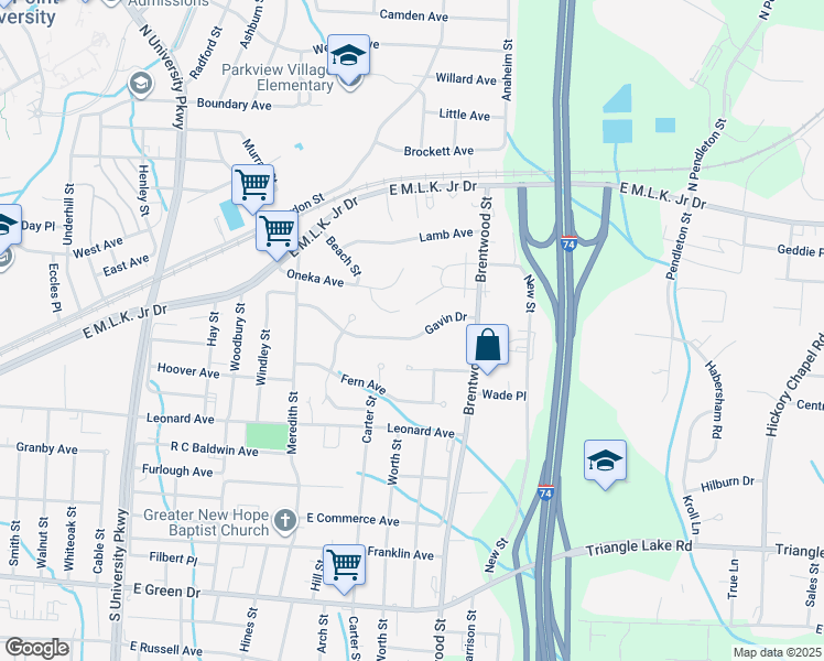 map of restaurants, bars, coffee shops, grocery stores, and more near 1721 Gavin Drive in High Point
