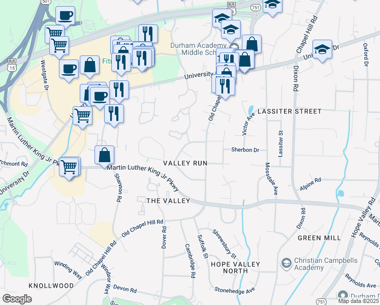 map of restaurants, bars, coffee shops, grocery stores, and more near 7 Little Spring Lane in Durham