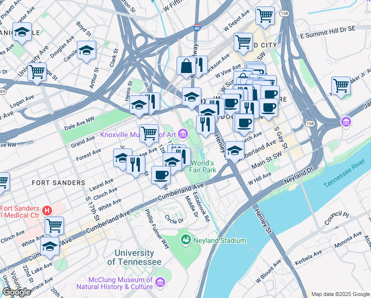 map of restaurants, bars, coffee shops, grocery stores, and more near 1060 Worlds Fair Park Drive in Knoxville