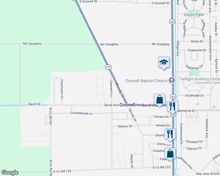 map of restaurants, bars, coffee shops, grocery stores, and more near 625 Clement Lane in Blytheville
