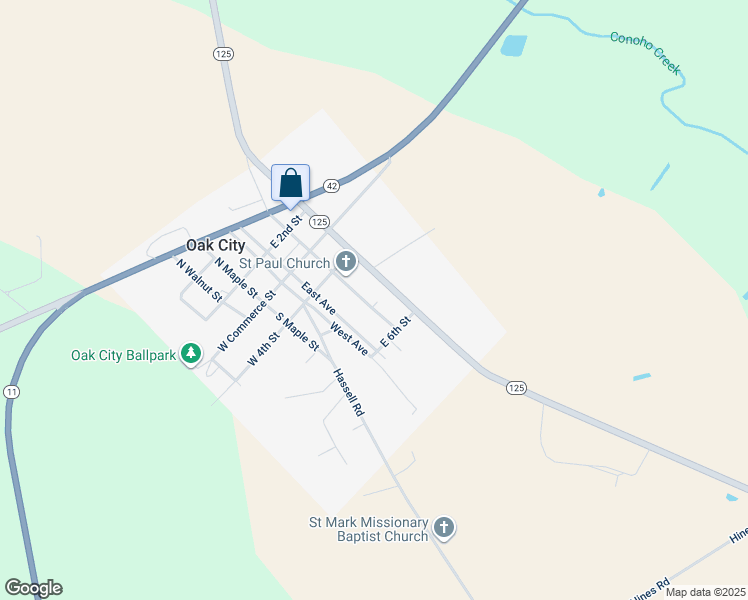 map of restaurants, bars, coffee shops, grocery stores, and more near 307 South Chestnut Street in Oak City