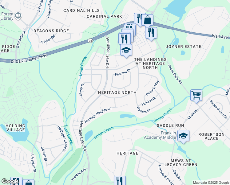 map of restaurants, bars, coffee shops, grocery stores, and more near 404 Longmire Point in Wake Forest