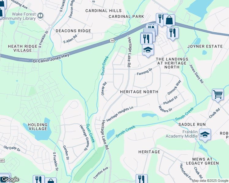 map of restaurants, bars, coffee shops, grocery stores, and more near 504 Clifton Blue Street in Wake Forest