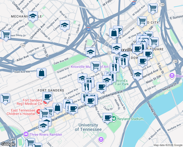 map of restaurants, bars, coffee shops, grocery stores, and more near 1316 Forest Avenue in Knoxville