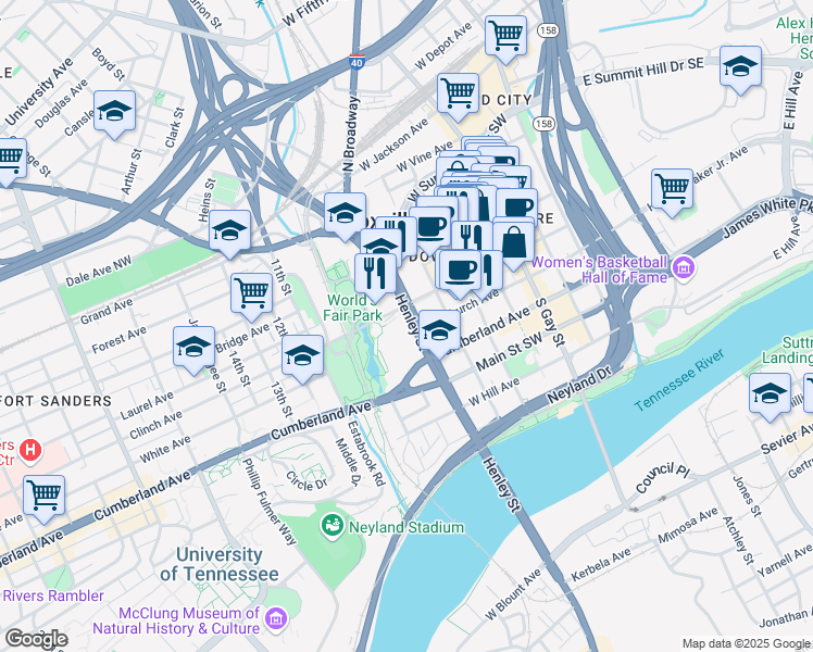 map of restaurants, bars, coffee shops, grocery stores, and more near 701 Henley Street in Knoxville