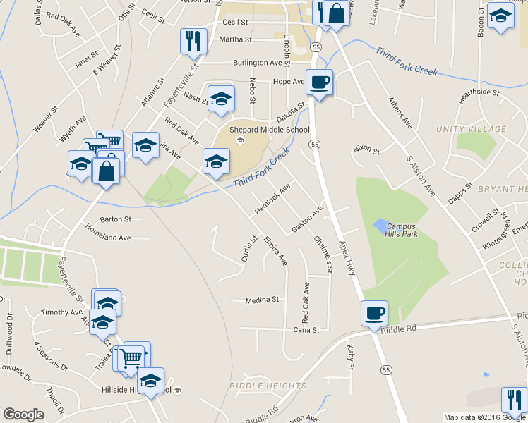 map of restaurants, bars, coffee shops, grocery stores, and more near 820 Hemlock Avenue in Durham