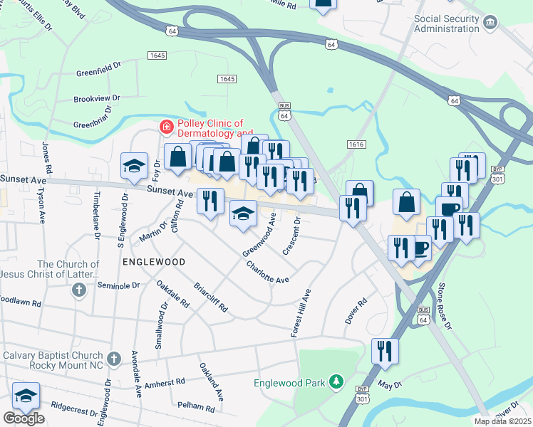 map of restaurants, bars, coffee shops, grocery stores, and more near 2816 Sunset Avenue in Rocky Mount