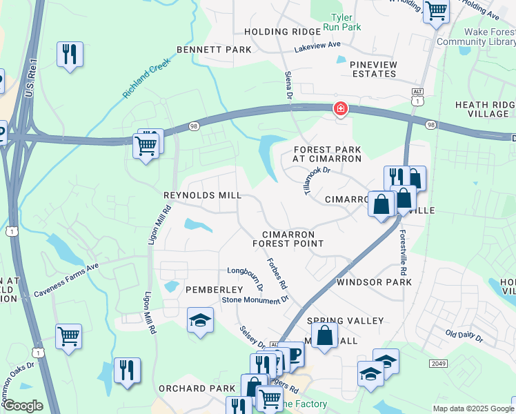 map of restaurants, bars, coffee shops, grocery stores, and more near 345 Amherst Creek Drive in Wake Forest