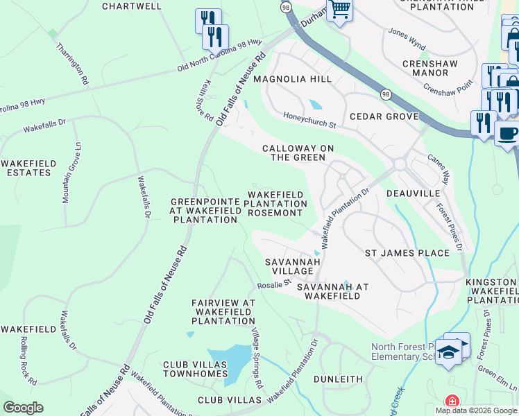 map of restaurants, bars, coffee shops, grocery stores, and more near 2333 Victoria Park Lane in Raleigh