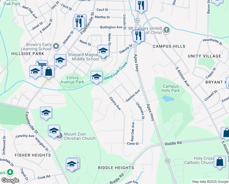 map of restaurants, bars, coffee shops, grocery stores, and more near 820 Hemlock Avenue in Durham