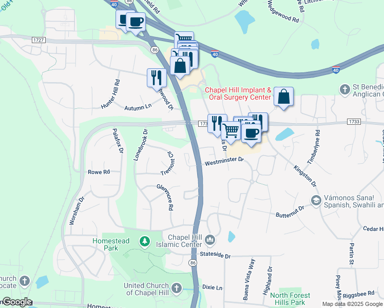 map of restaurants, bars, coffee shops, grocery stores, and more near 1670 Martin Luther King Junior Boulevard in Chapel Hill