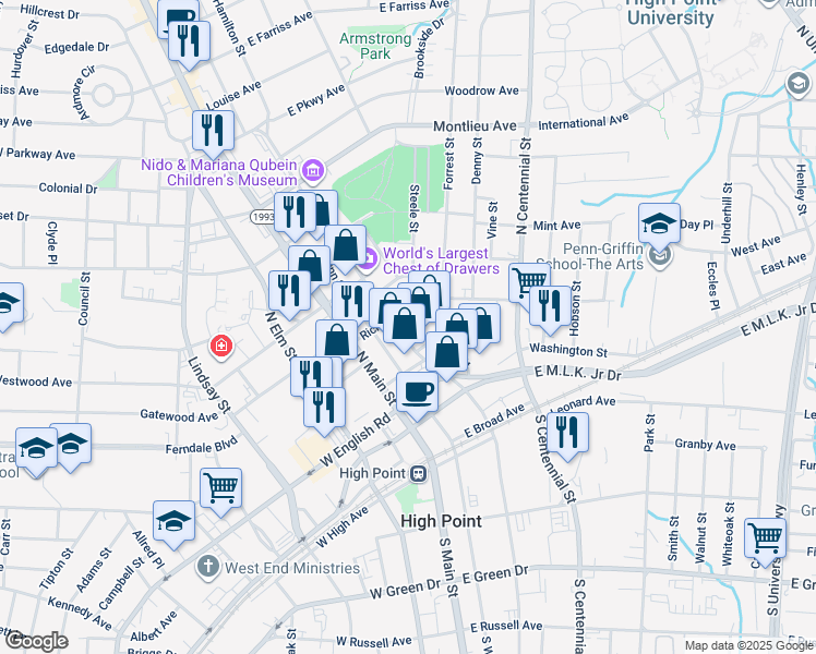 map of restaurants, bars, coffee shops, grocery stores, and more near 311 Richardson Avenue in High Point