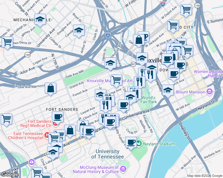 map of restaurants, bars, coffee shops, grocery stores, and more near 1316 Forest Avenue in Knoxville