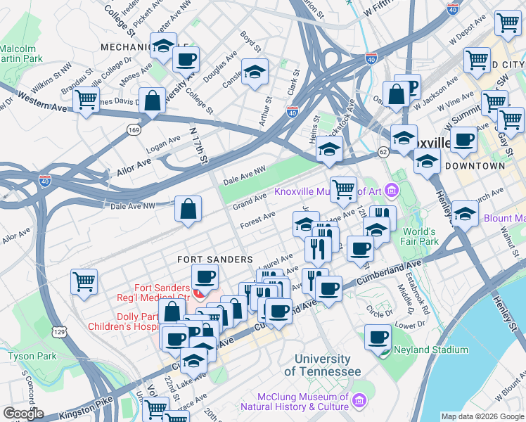 map of restaurants, bars, coffee shops, grocery stores, and more near 100 Grand Avenue in Knoxville