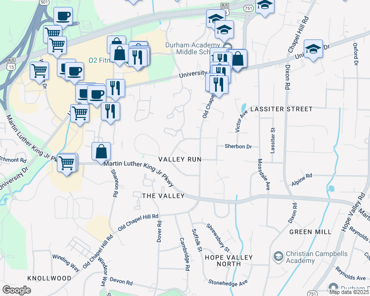 map of restaurants, bars, coffee shops, grocery stores, and more near 7 Little Spring Lane in Durham
