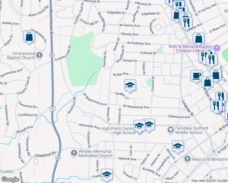 map of restaurants, bars, coffee shops, grocery stores, and more near 1106 Rotary Drive in High Point